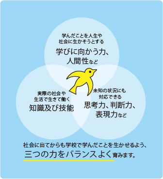 「学びに向かう力、人間性」「知識及び技能」「思考力、判断力、表現力」をバランスよく育む